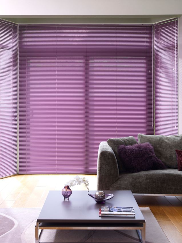 A living room with purple blinds and a couch
