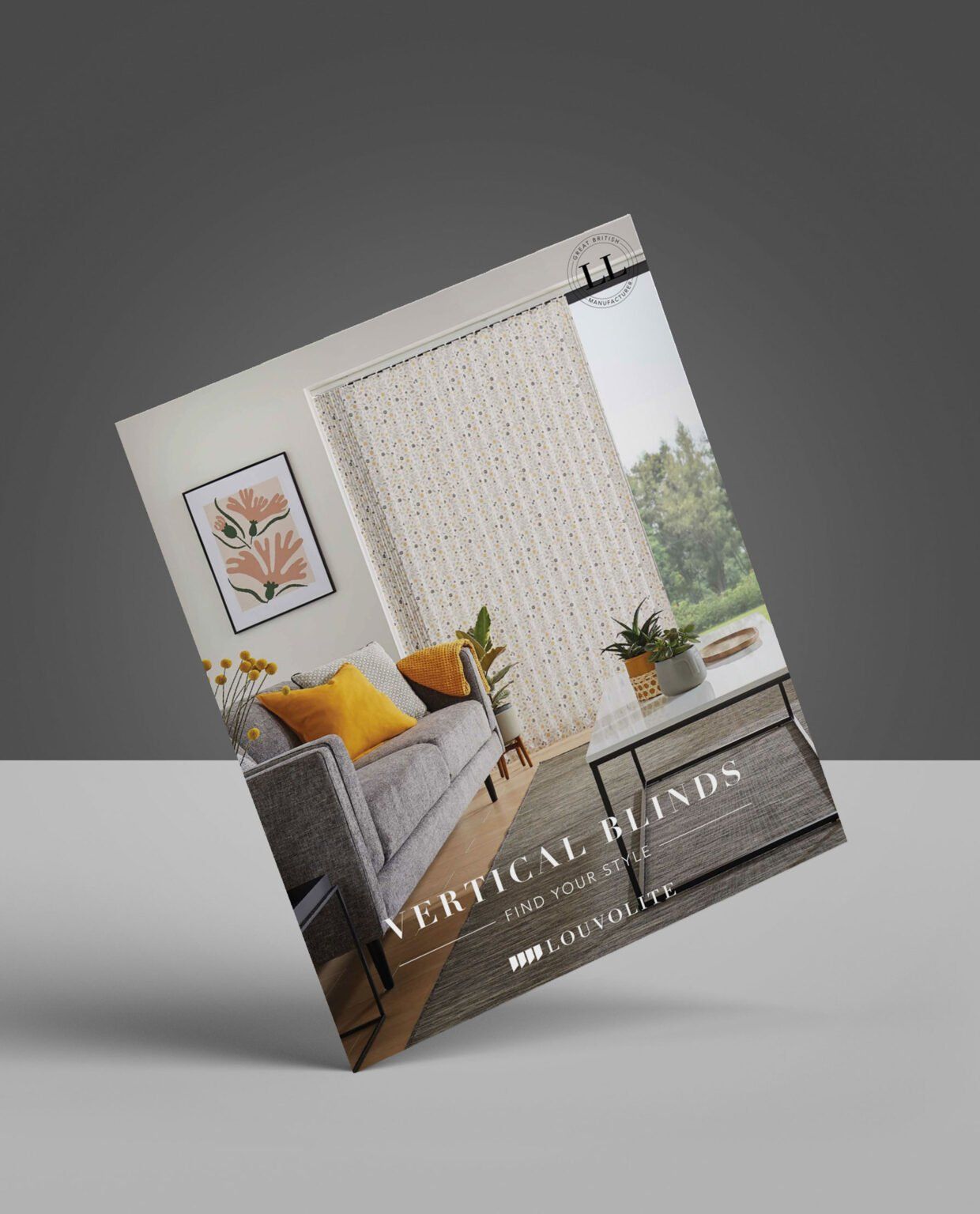 A brochure for vertical blinds is sitting on a table.