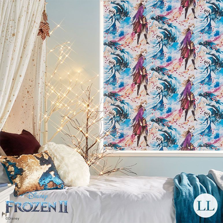 A bedroom with a canopy bed and a frozen ii wallpaper on the wall.