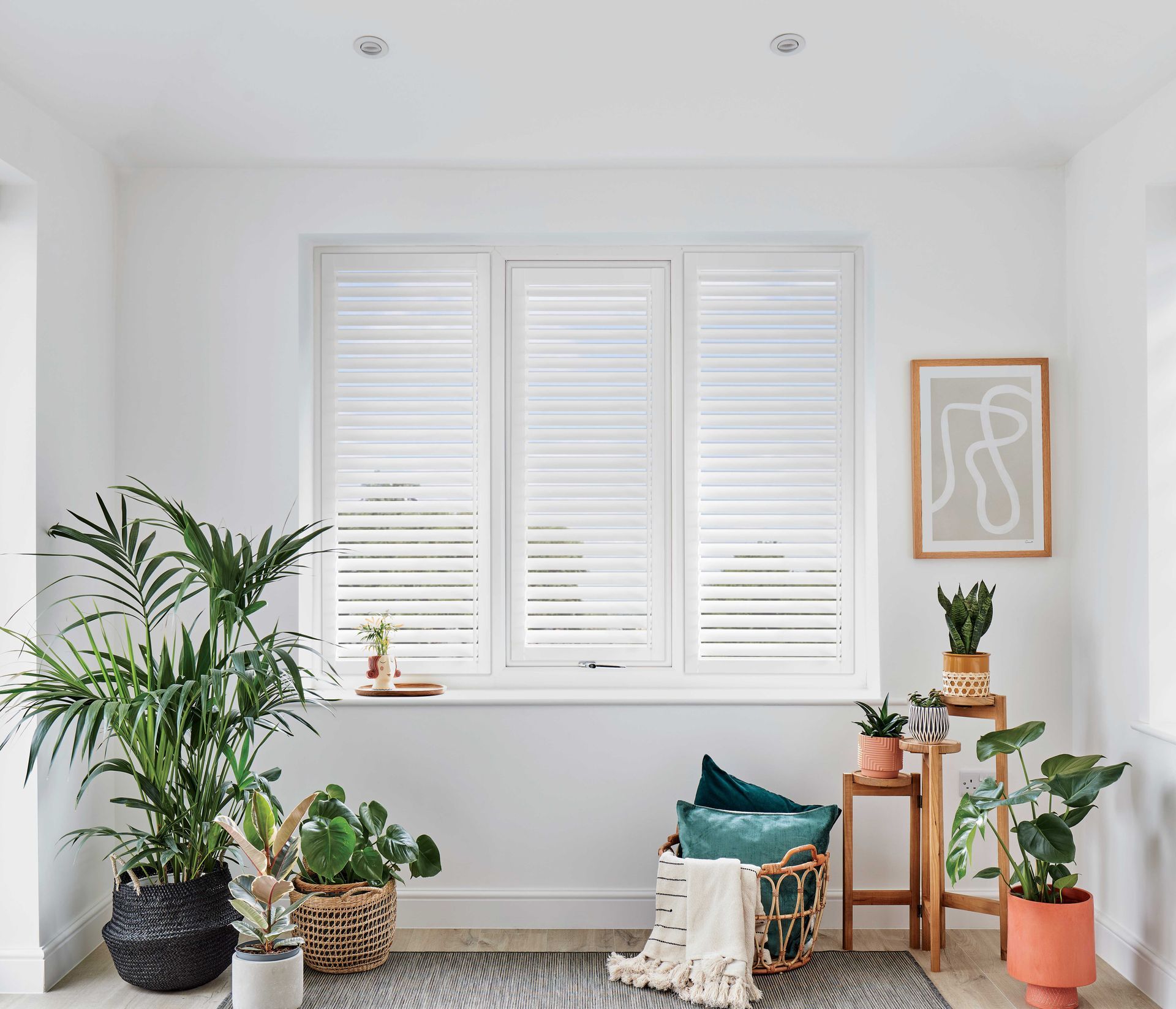 A living room with lots of potted plants and a large window.