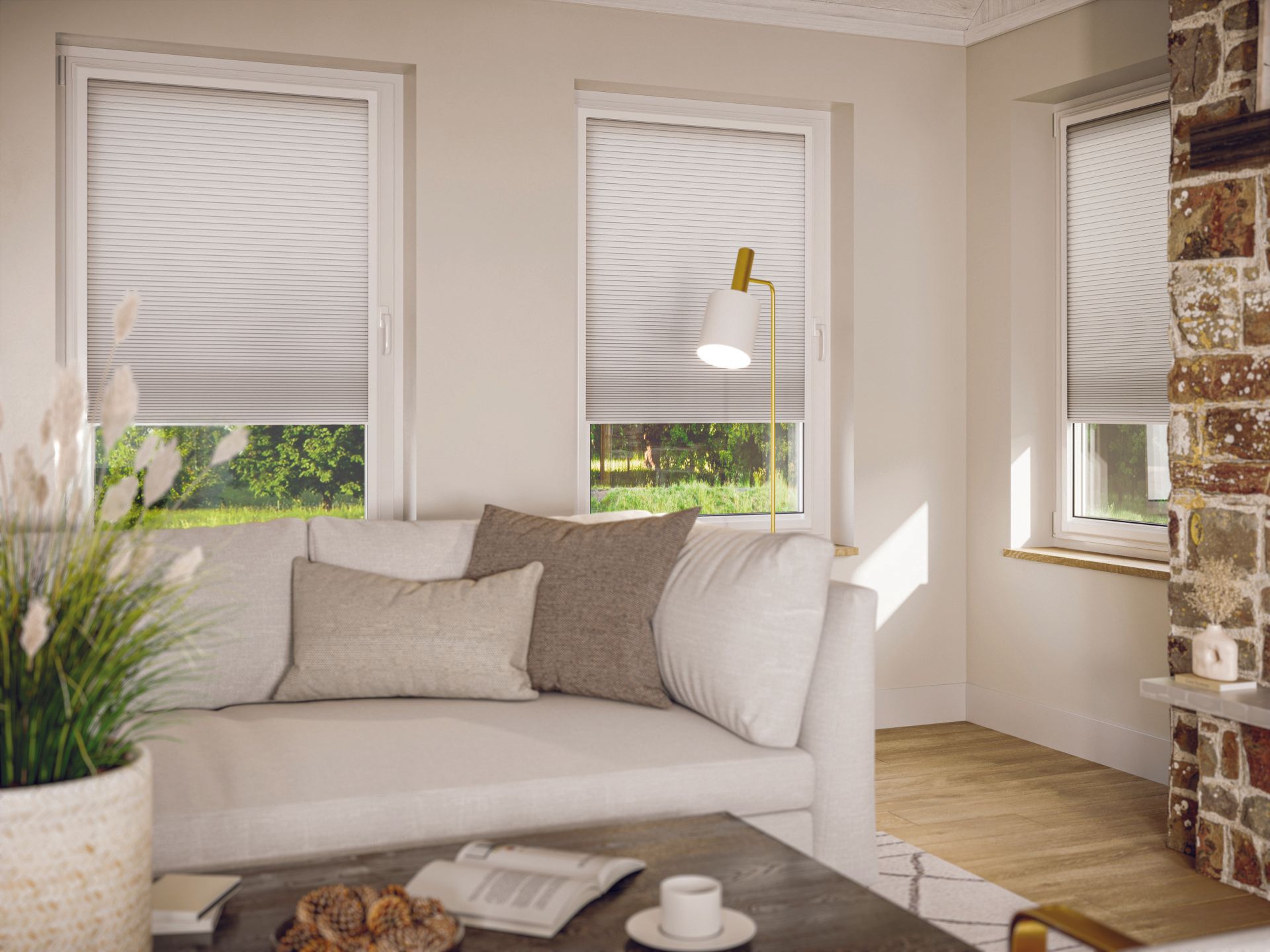 A living room with a white couch and a coffee table.