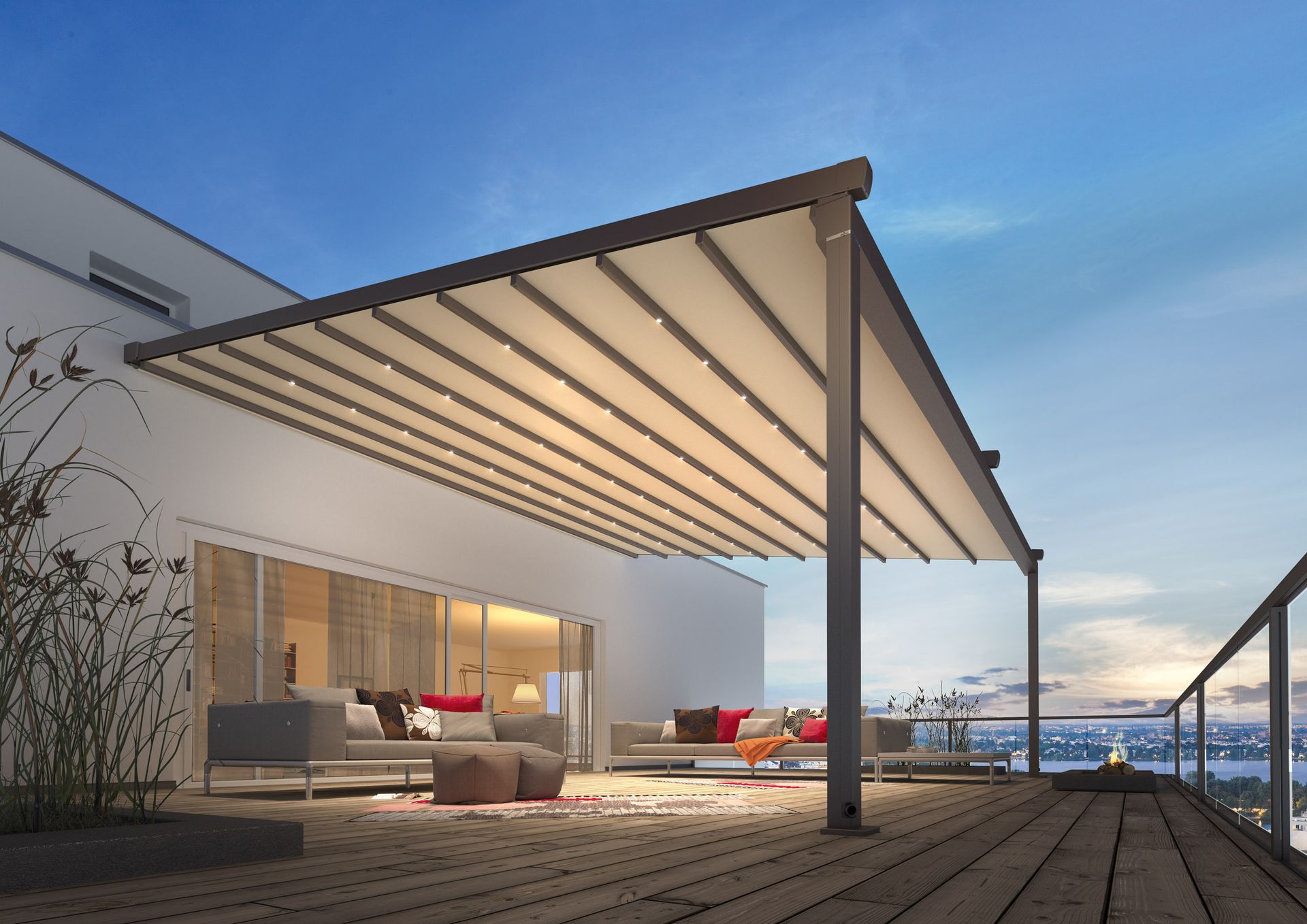 A balcony with a canopy over it and a view of the ocean