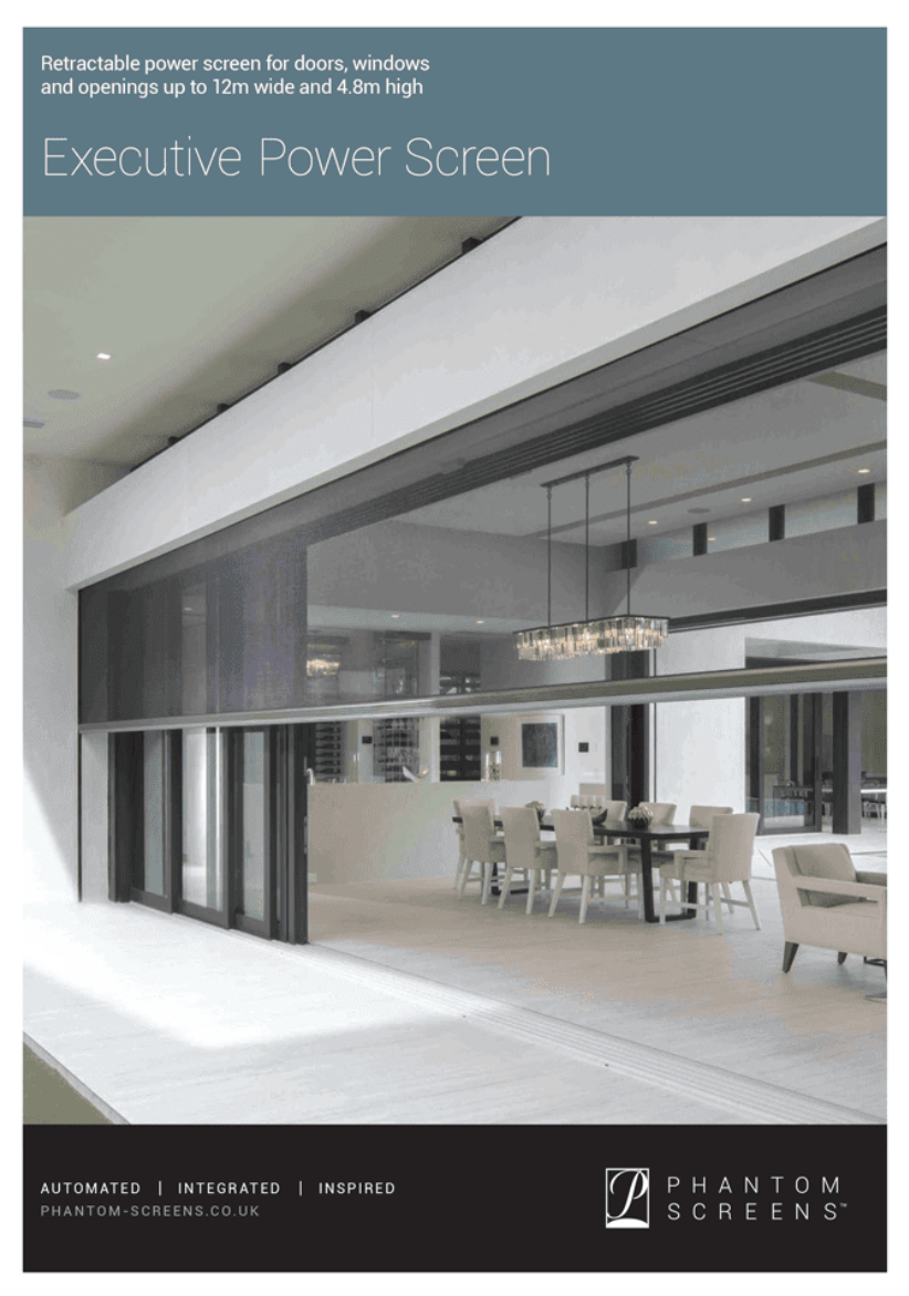 A brochure for executive power screens shows a dining room with a table and chairs.