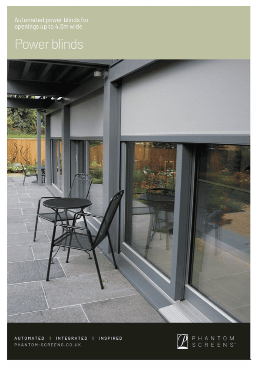 A brochure for power blinds shows a patio with a table and chairs.