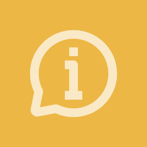A white icon with a letter i inside of a speech bubble on a yellow background.