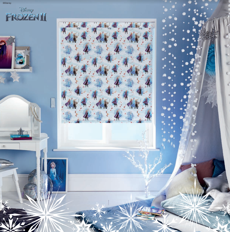 A bedroom with a canopy bed and a disney frozen ii window shade