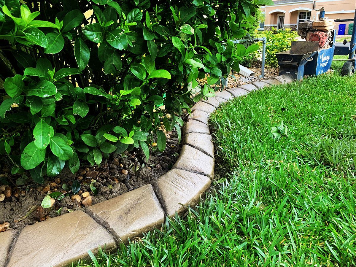 Brown concrete landscape curbing borders a grassy lawn, next to a leafy green bush.
