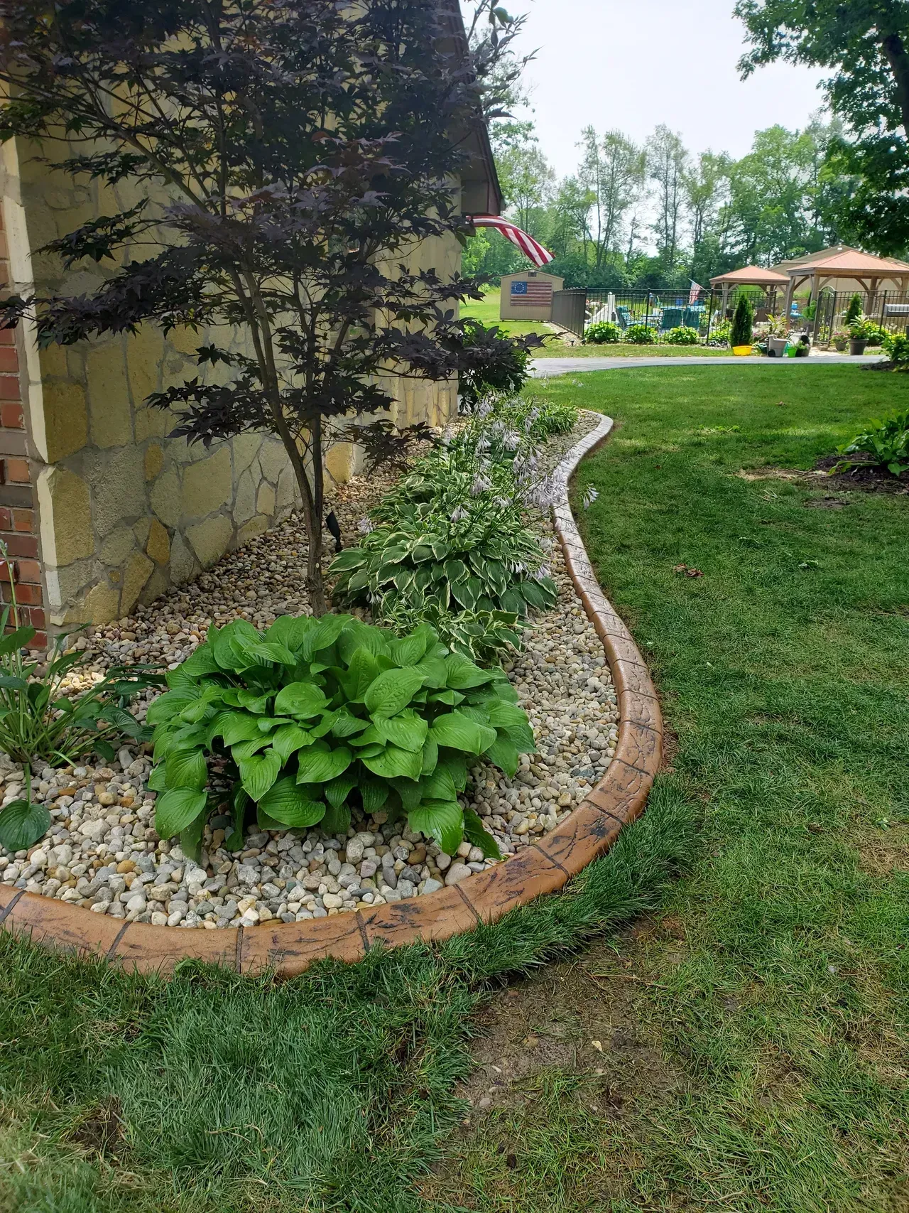 Curved landscaped flowerbed bordered by textured concrete, with plants and a tree next to a brick building.