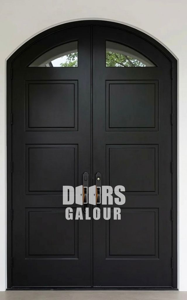 Double arched wooden doors with glass panels; a round chandelier hangs above.