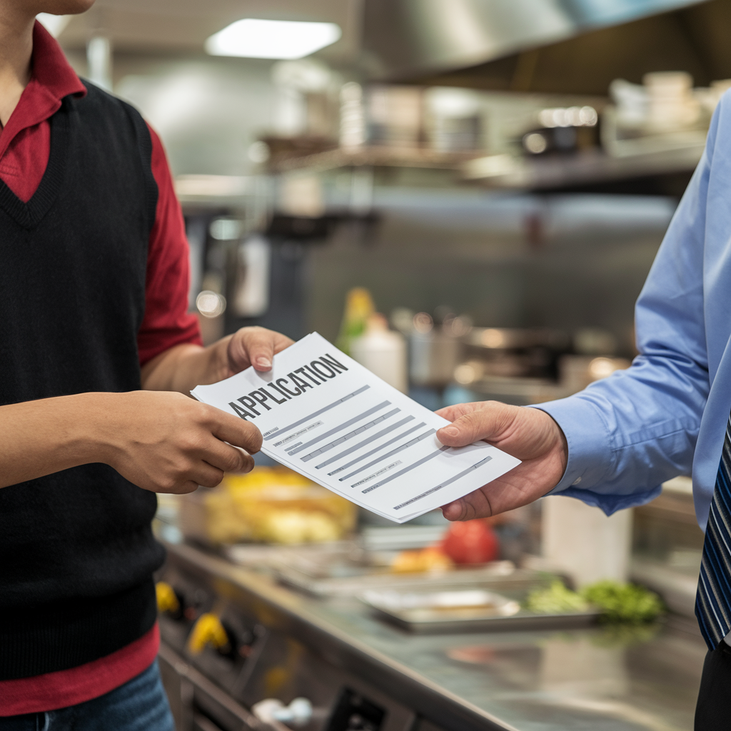 A man is handing another man an application in a kitchen