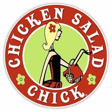The logo for chicken salad chick shows a woman holding a basket.