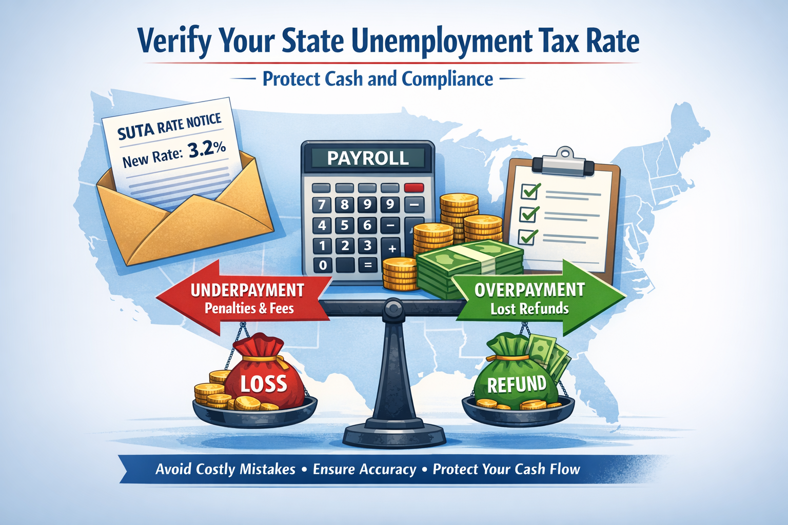 Infographic about state unemployment tax rates. A balance scale shows underpayment (loss) vs. overpayment (refund), with a calculator and money on it.