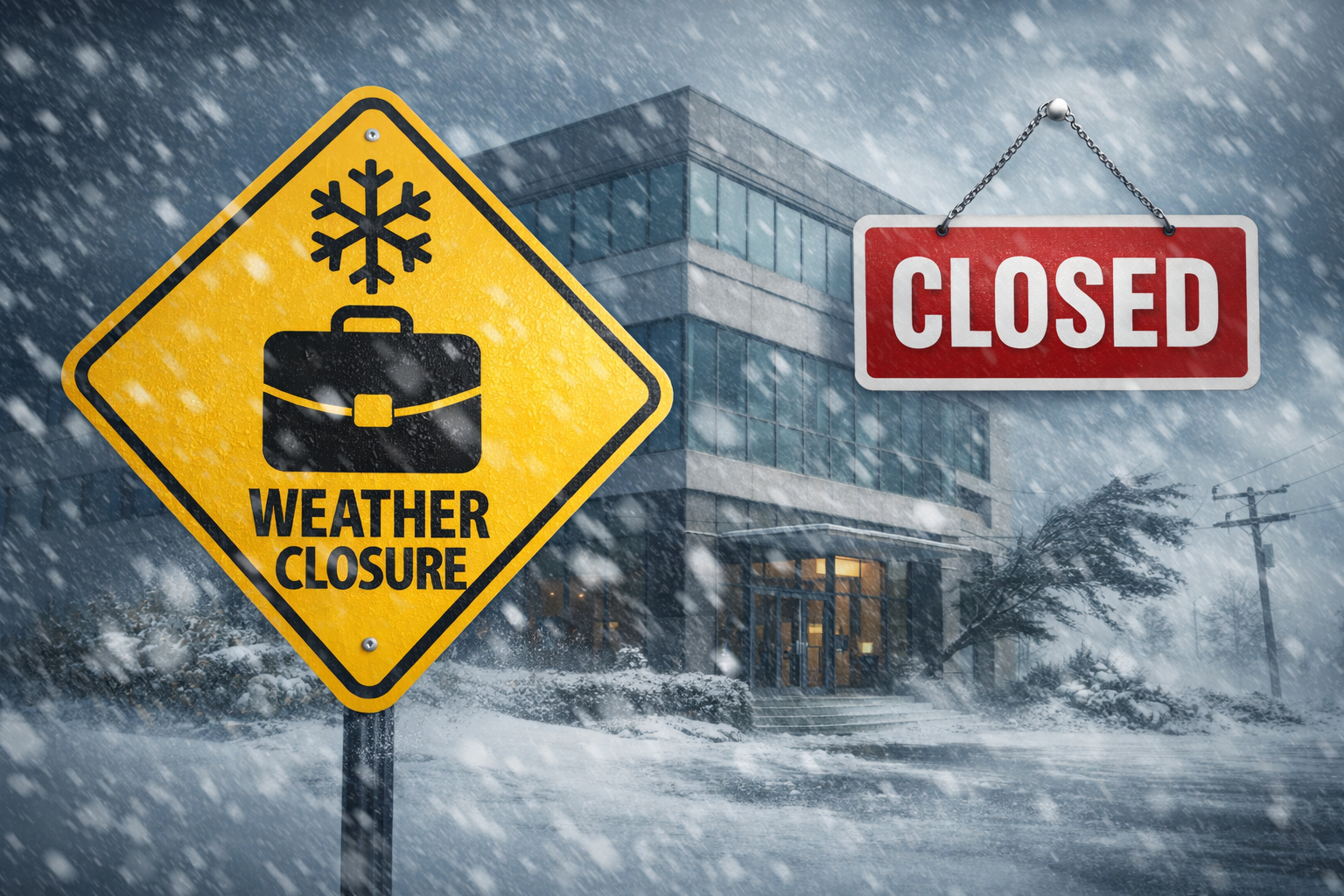 Yellow weather closure sign and red 