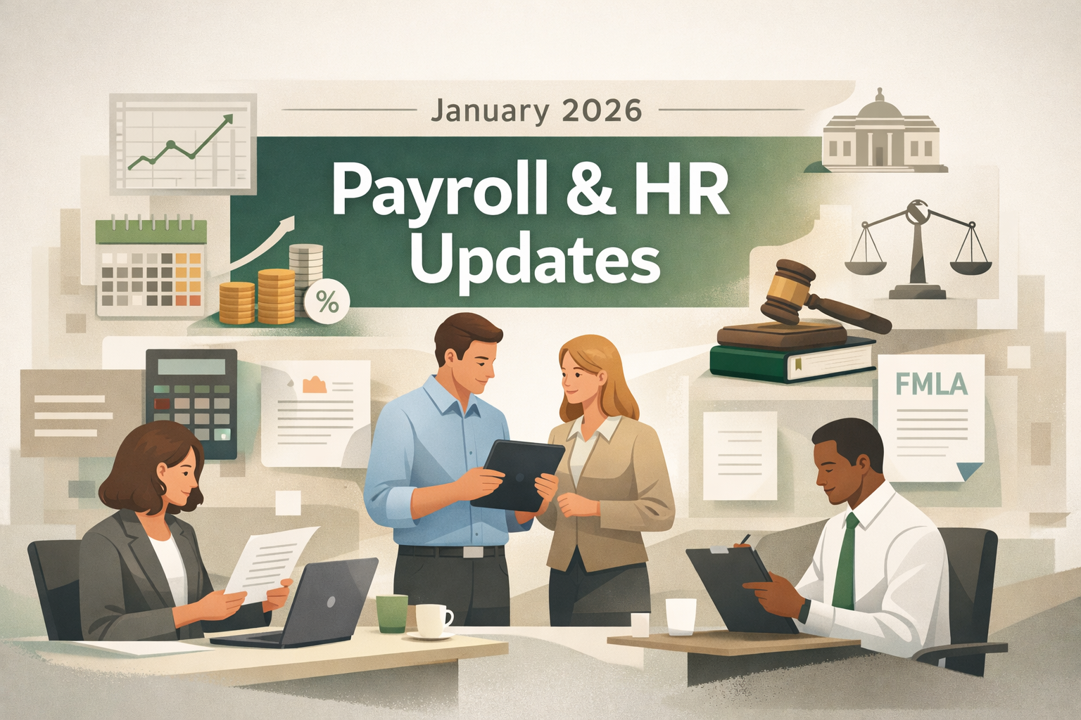 Payroll & HR updates graphic with people reviewing documents. Includes a graph, coins, scales, books, and a gavel.