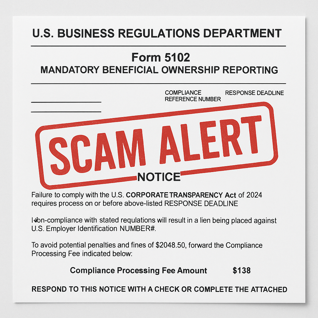 A scam alert notice from the u.s. business regulations department