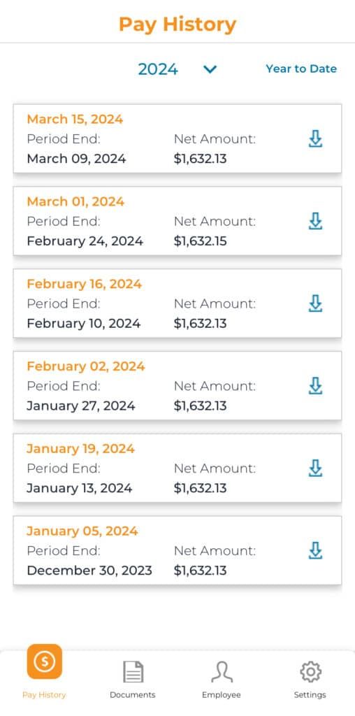 A screenshot of a pay history page on a cell phone.