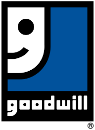 A blue and white logo for goodwill with a smiley face on it.