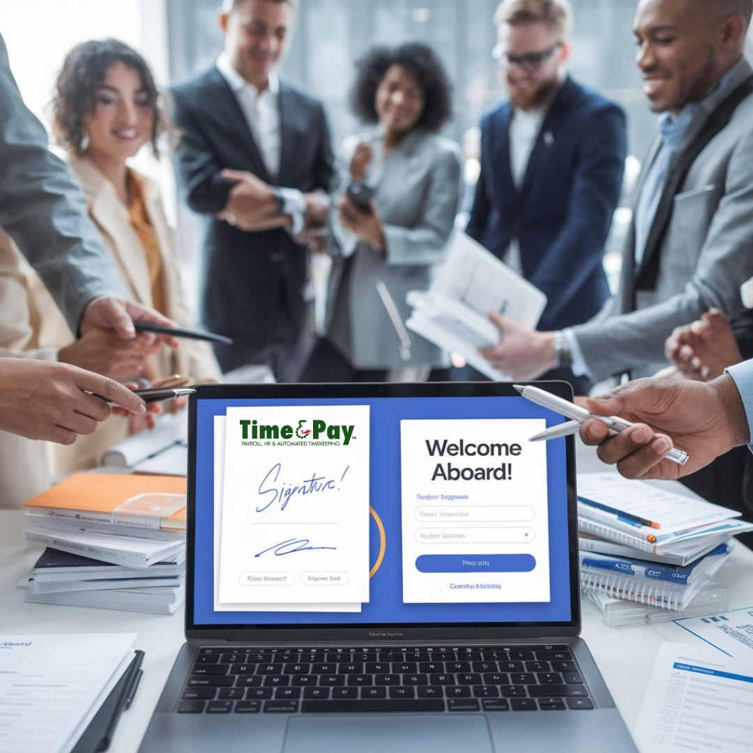 A group of people are gathered around a laptop that says time & pay on the screen.