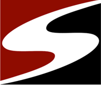 A white s on a red and black background.