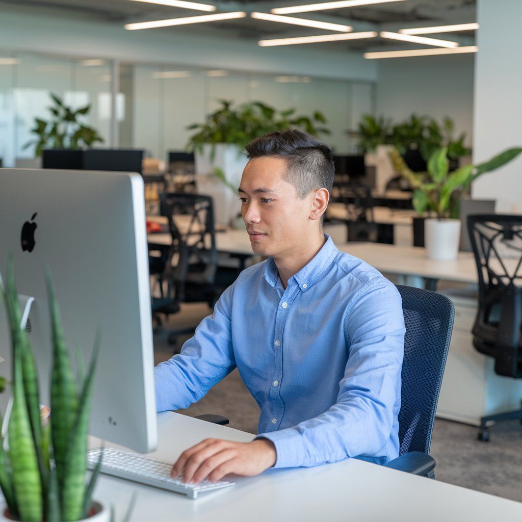 A man is sitting at a desk in front of an apple computer.