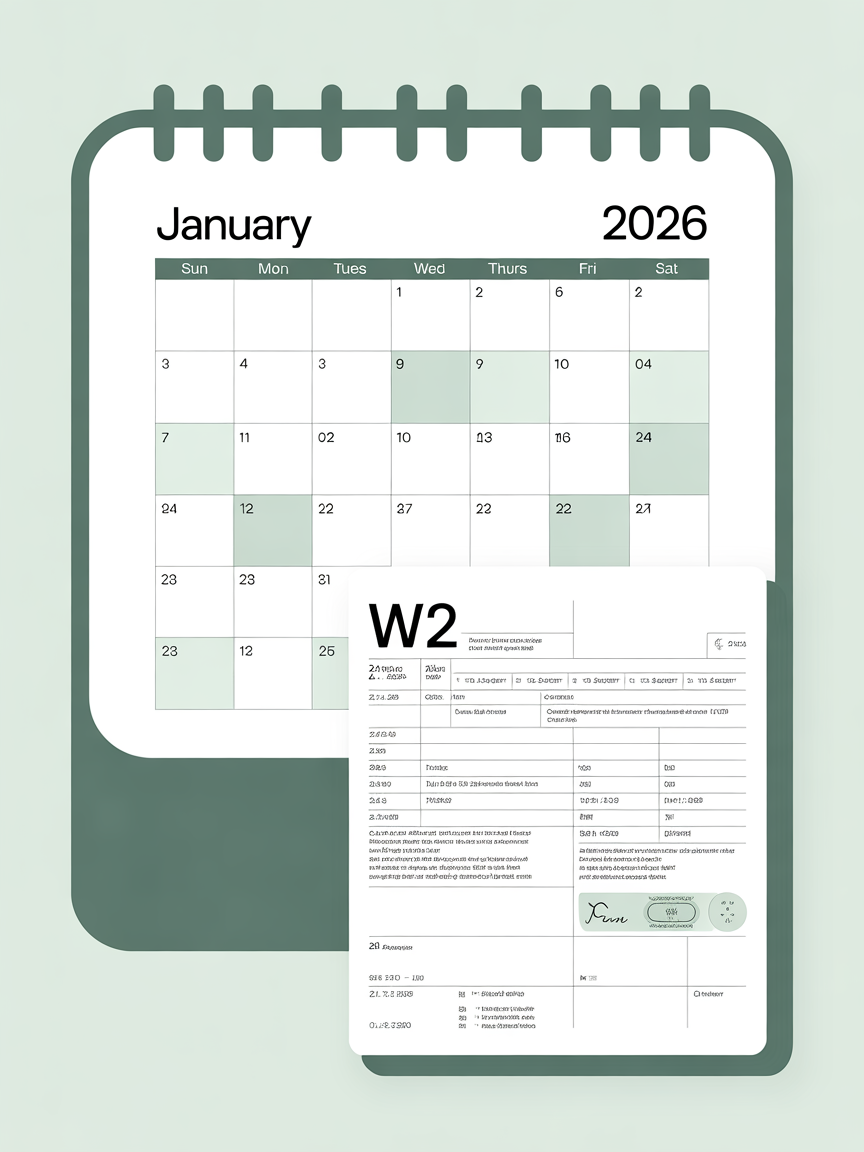 Calendar with January 2026 dates and a W-2 tax form.