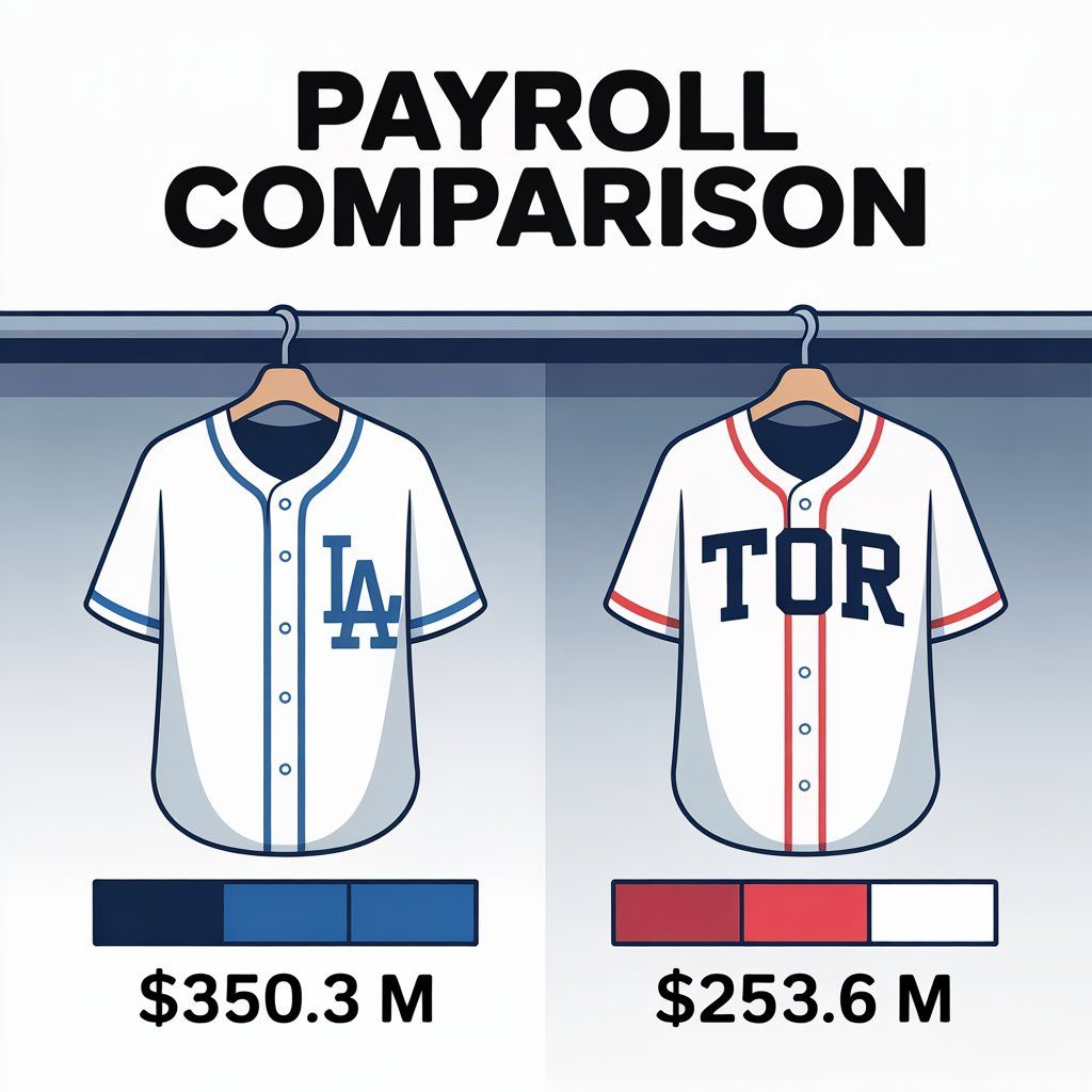 Payroll comparison: LA Dodgers and Toronto Blue Jays jerseys. Dodgers $350.3M, Jays $253.6M.