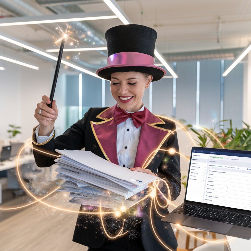 A woman in a top hat and bow tie is holding a wand and a stack of papers.