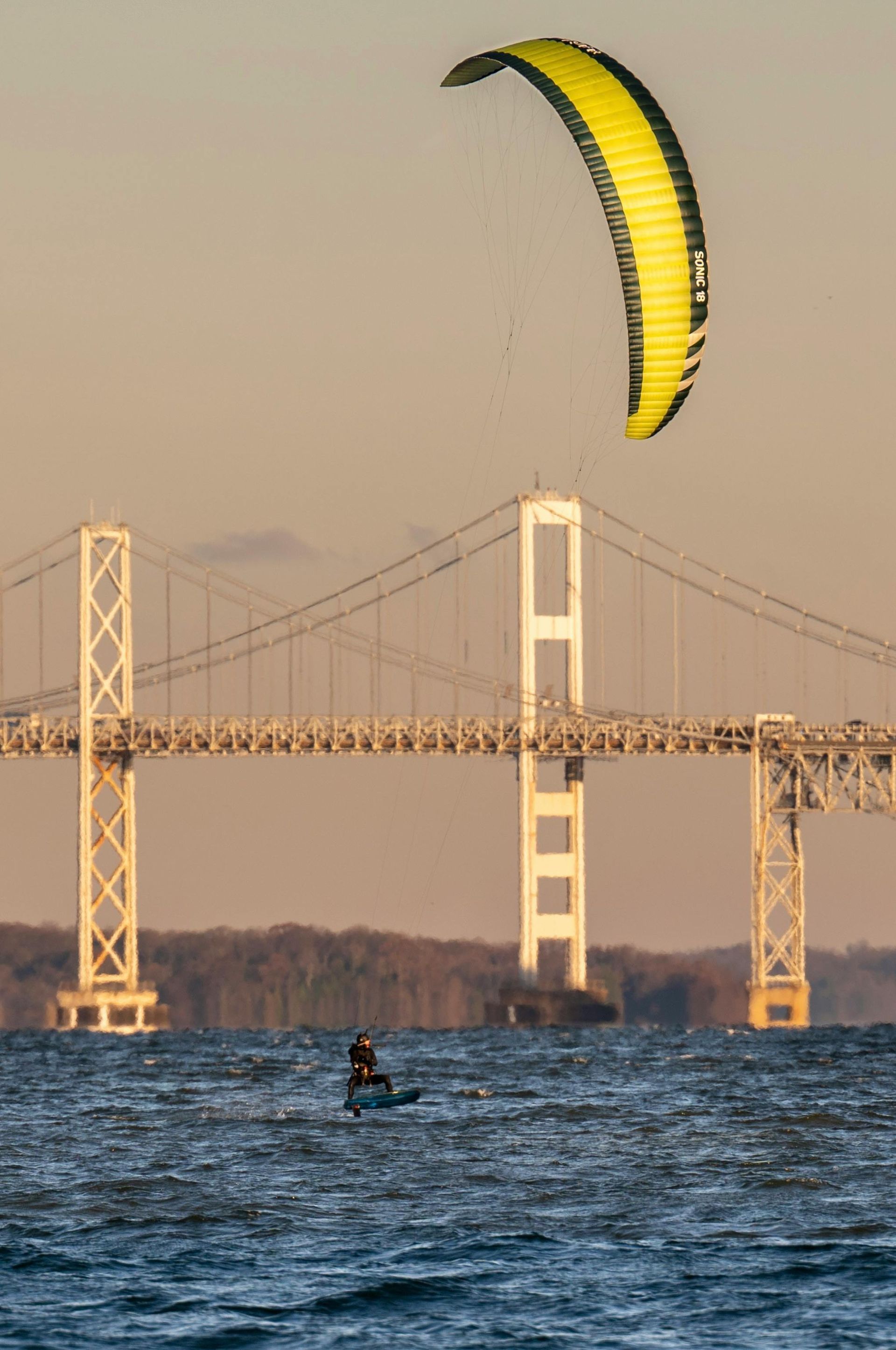A person is flying a kite in front of a bridge