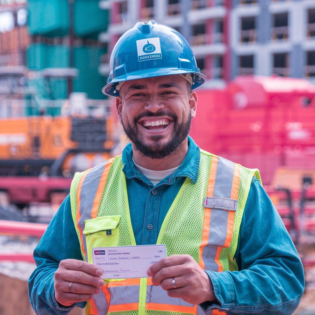 A construction worker wearing a hard hat and safety vest is holding a check.