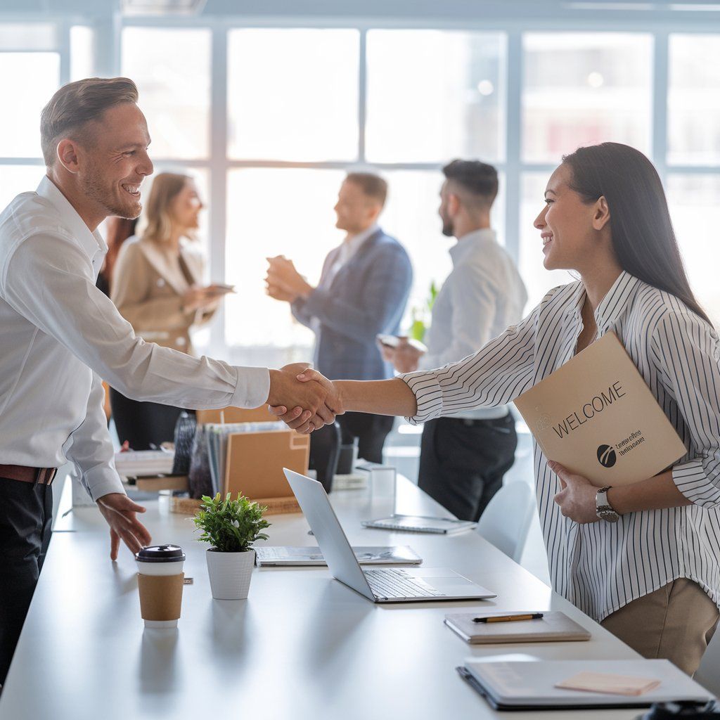 A man and a woman are shaking hands in an office.