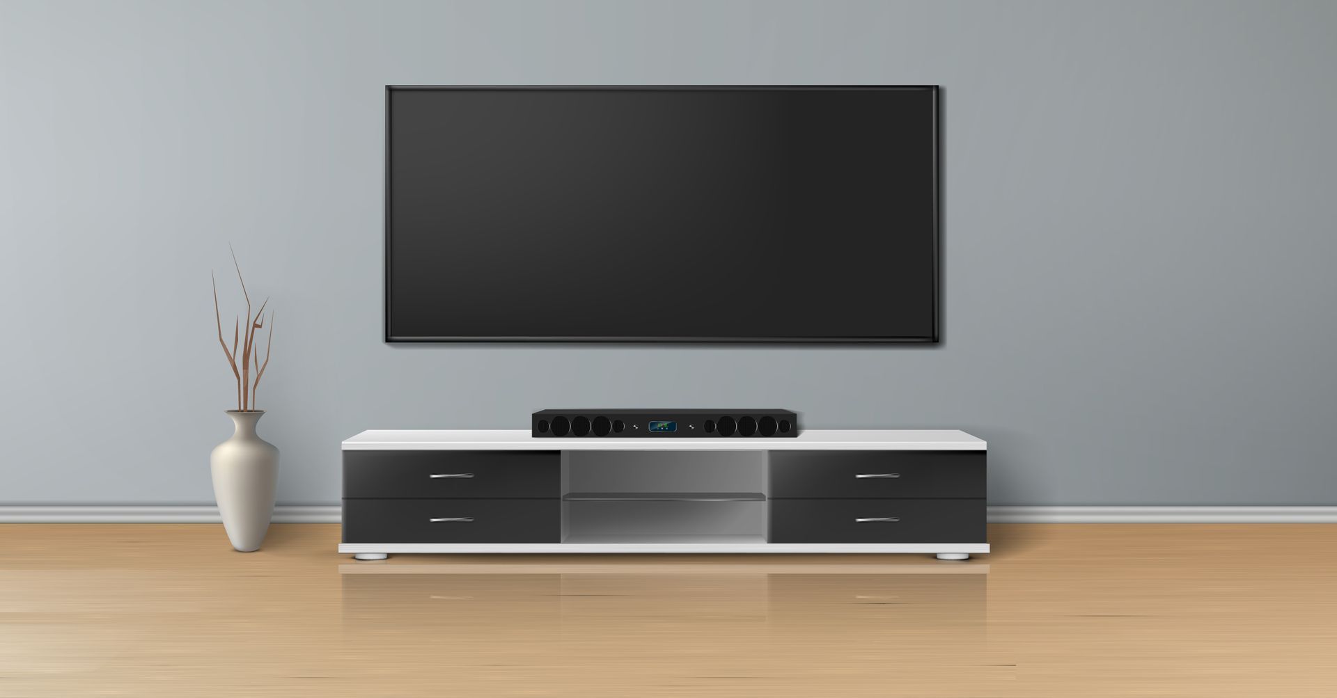 A flat screen tv is hanging on the wall above a tv stand.