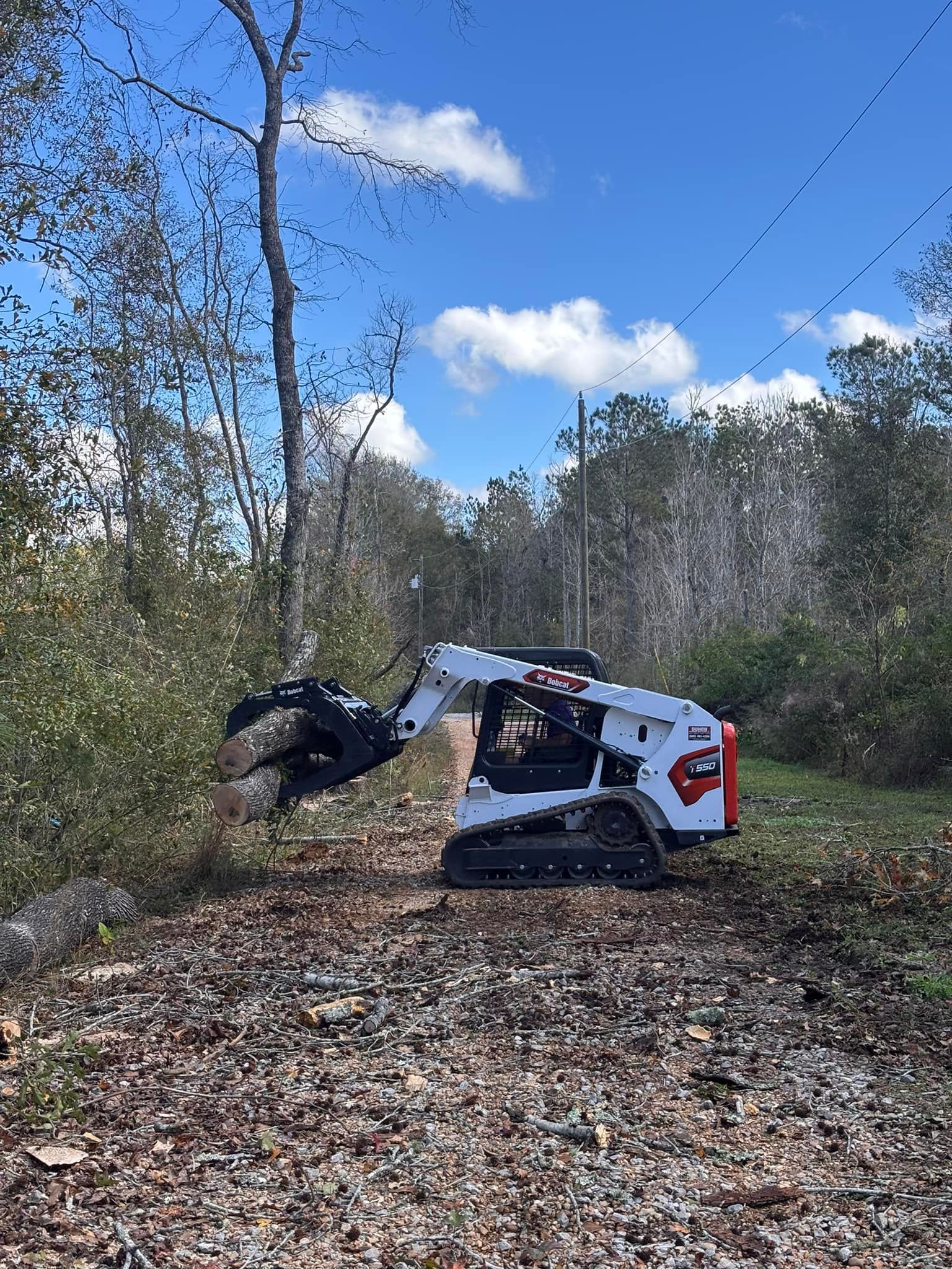 A white compact track loader with a grapple attachment moves brush in a wooded area under a blue, sunny sky.