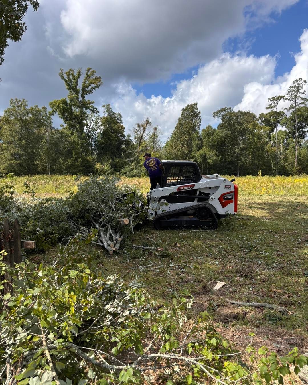 A person in a blue shirt operates a white skid-steer loader to clear brush and trees in a sunny, grassy field.