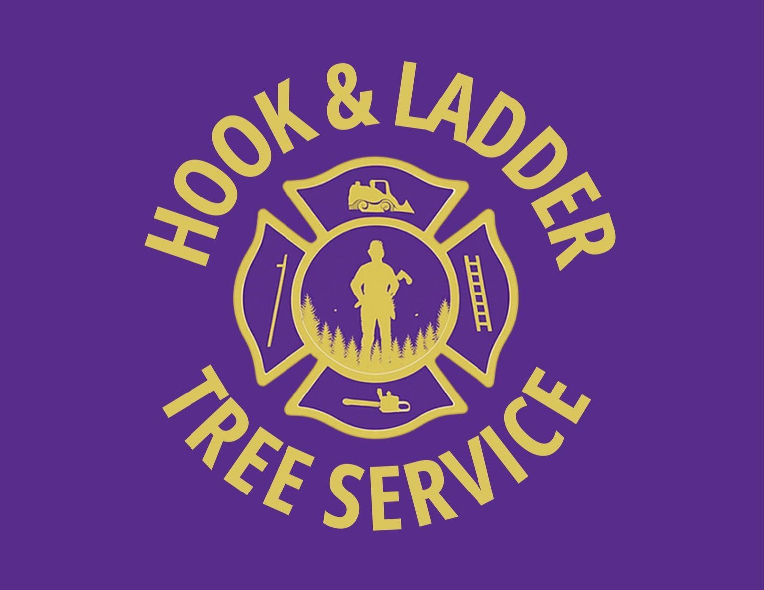 Logo for "Hook & Ladder Tree Service" featuring a yellow firefighter-style Maltese cross on a purple background.
