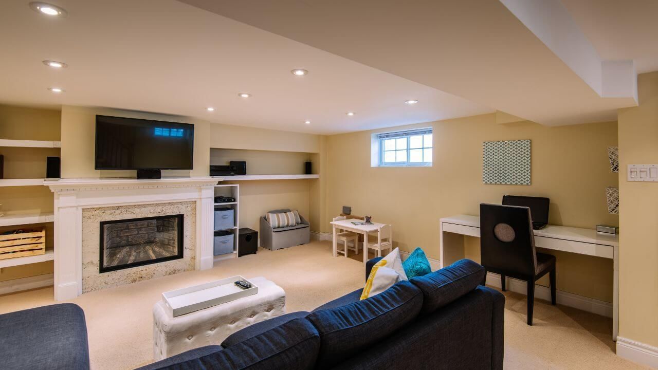 Cozy basement living room with fireplace, TV, and desk.