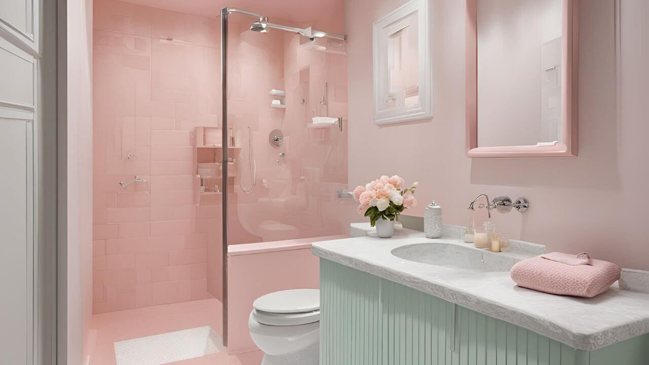 Bathroom with pink walls and white toilet.