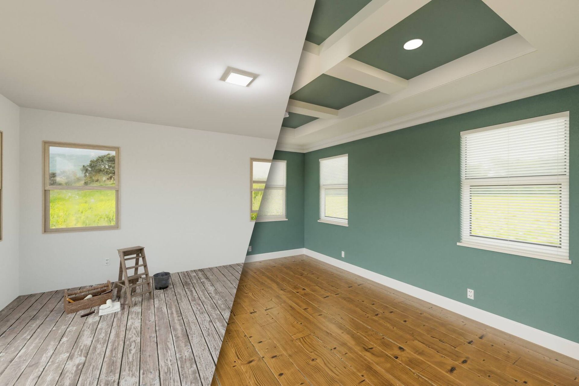 Before and after images of a room with wood floors and green walls, showing a stunning transformation.