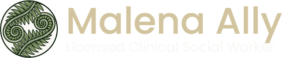 Malena Ally logo with green circular floral emblem and gold text on a light background