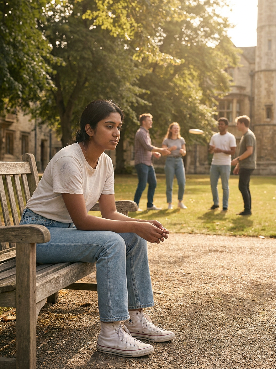A teen feeling left out of group  in a park.