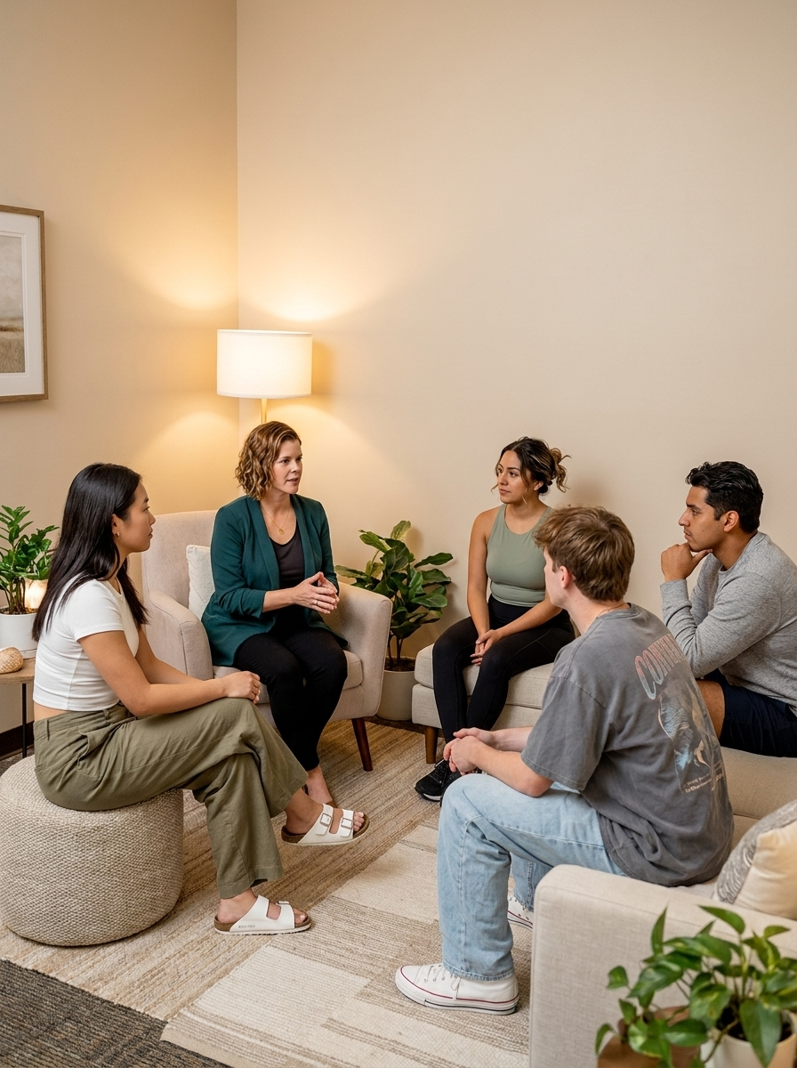A woman talking to  her colleagues inside a room.