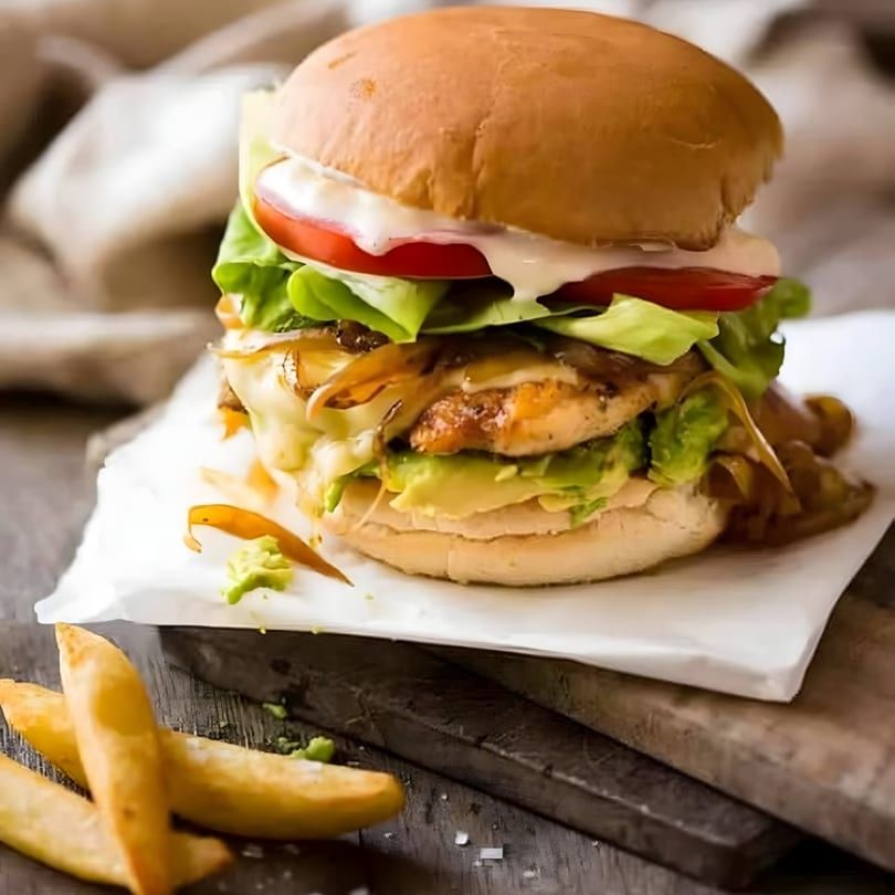 Cheeseburger with lettuce and tomato on a wooden board, with fries beside it