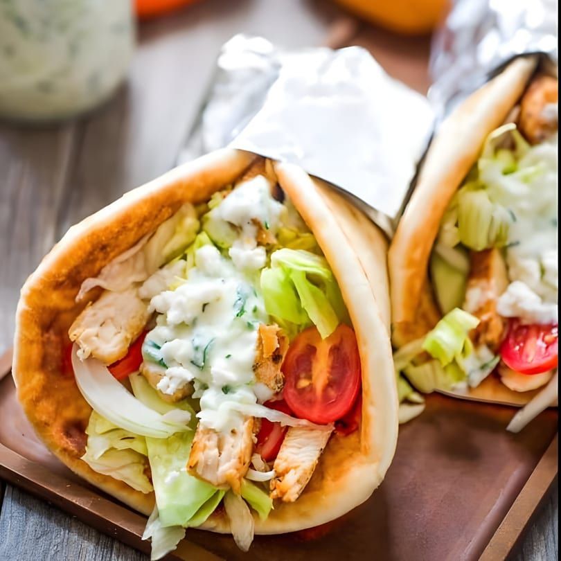 Two chicken wraps with lettuce, tomatoes, and creamy dressing on a wooden board