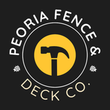 A logo for peoria fence and deck co. with a hammer in the center