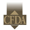 CFDA logo with gold letters on a dark brown square with a top and bottom arrow shape
