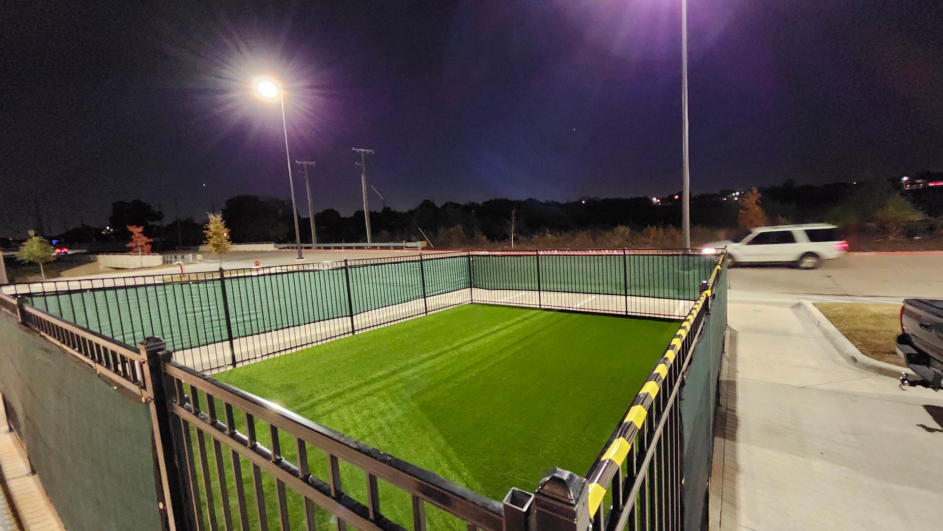 A fenced dog area with green turf at night, lit by streetlights. A car passes by on the right.