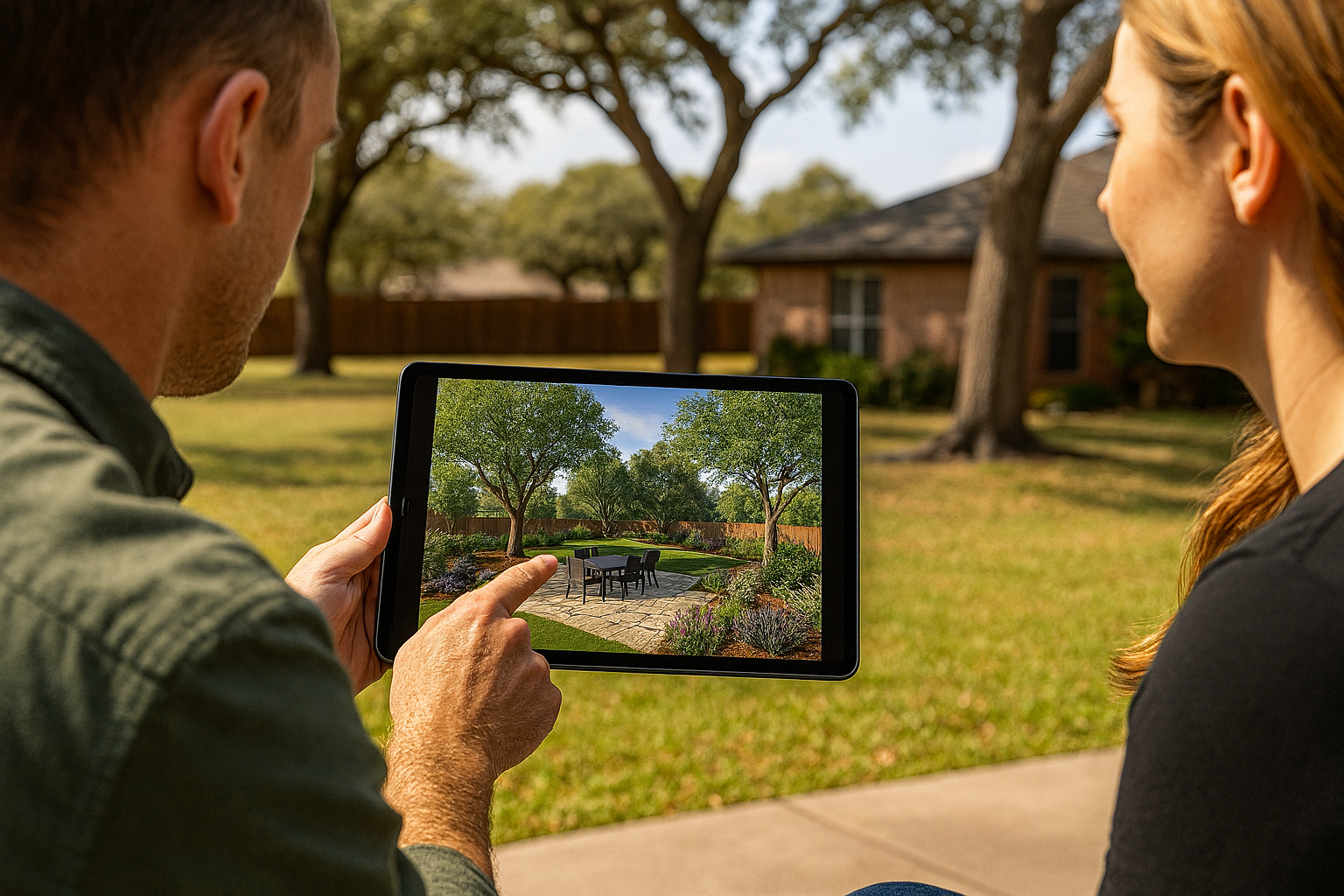 A couple viewing a landscaping design on a tablet in their backyard, pointing at the screen.