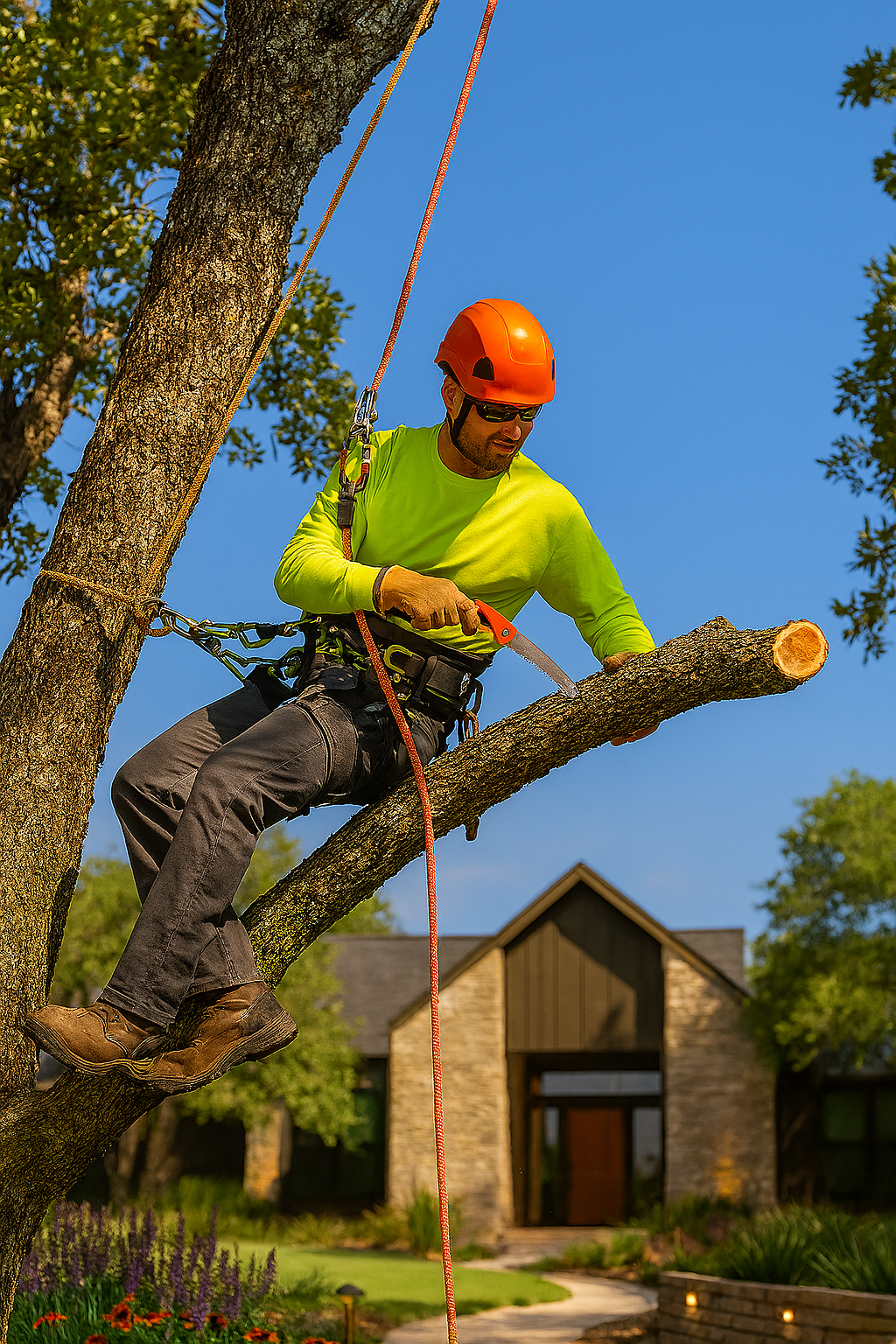 An arborist in a high-visibility shirt and helmet uses a saw to prune a tree branch above a residential lawn.
