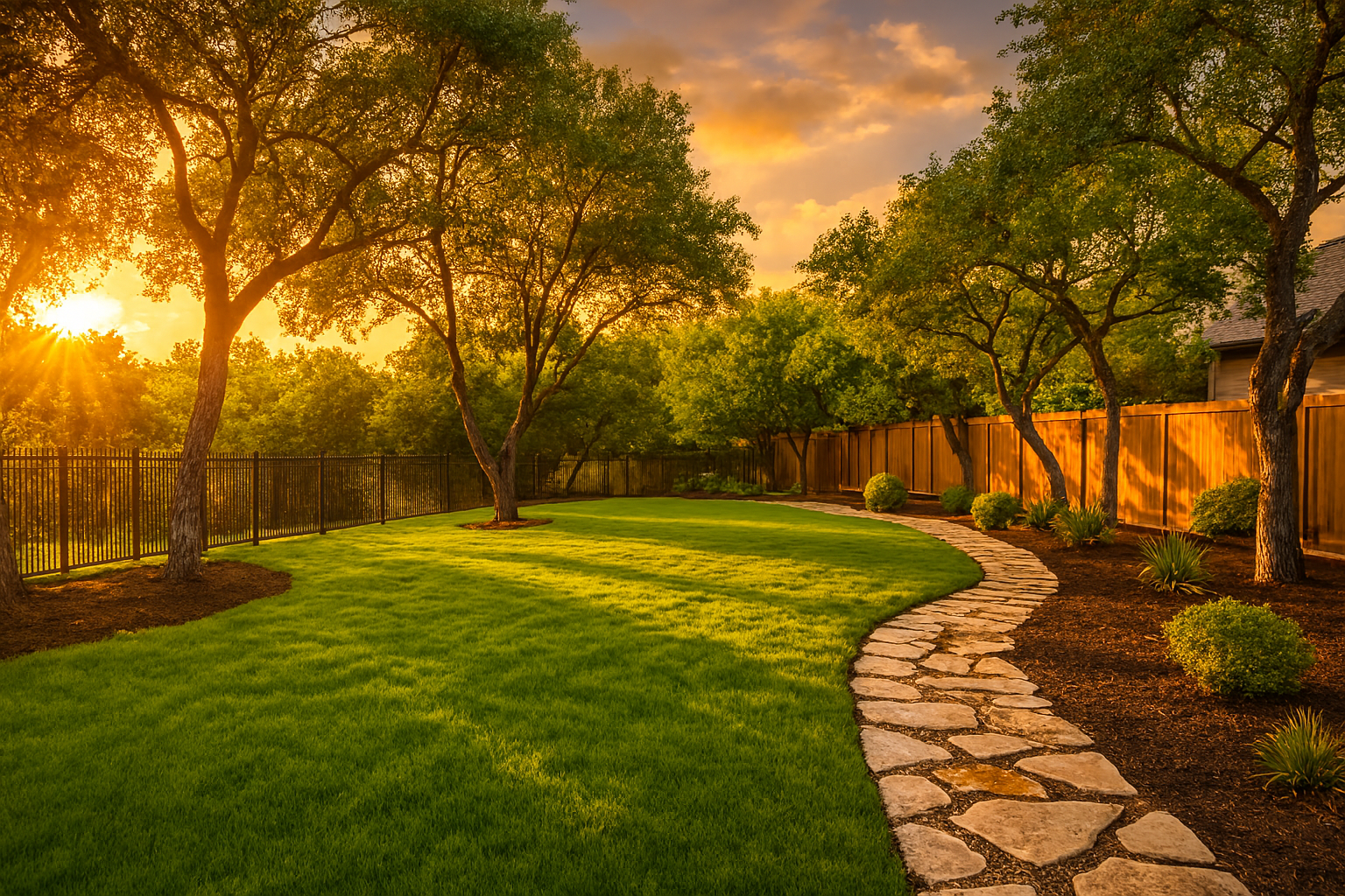 Lush green backyard with stone path, trees, and wooden fence, bathed in warm sunlight.