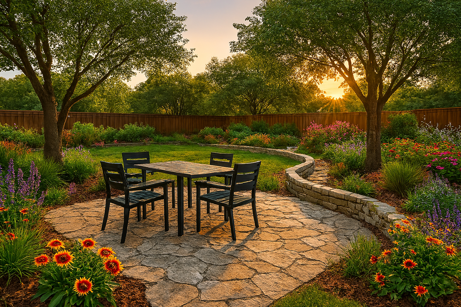 Patio with table and chairs in a landscaped garden, with flowering plants and trees; sunset in the background.