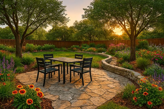 Patio with table and chairs in a landscaped garden, with flowering plants and trees; sunset in the background.
